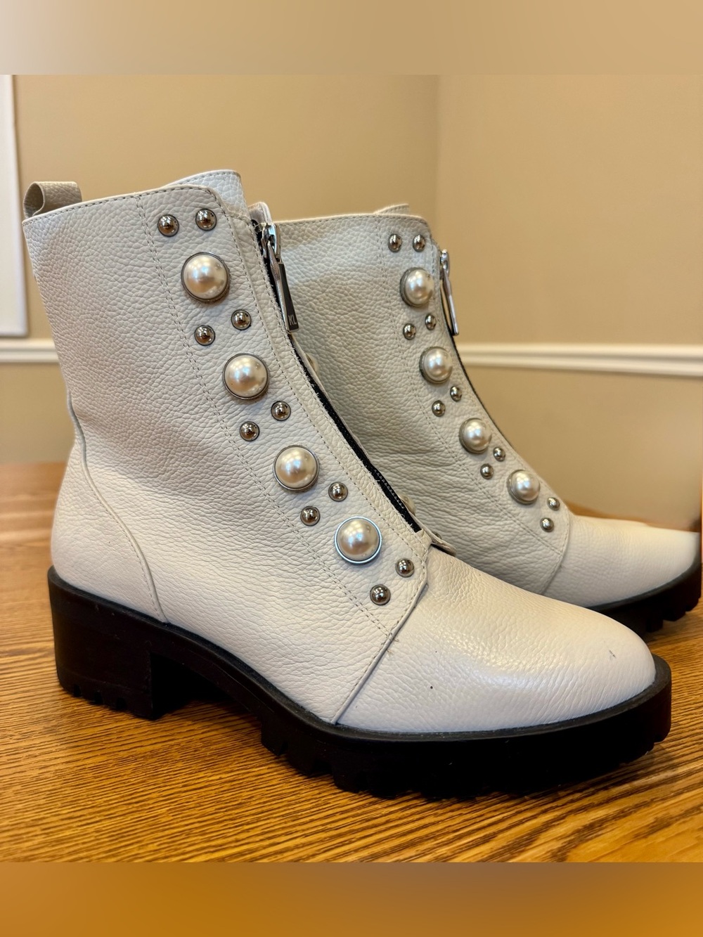 Karl Lagerfeld White Pearl-Embellished Leather Ankle Boots